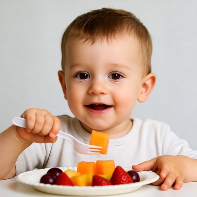 Baby boy eating cantaloupe
