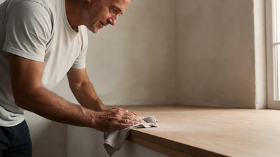 Man wiping wooden windowsill