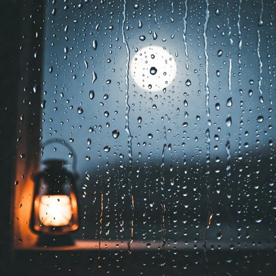 Lantern by Rainy Window with Moon