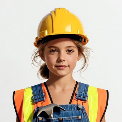 Girl wearing hard hat and overalls