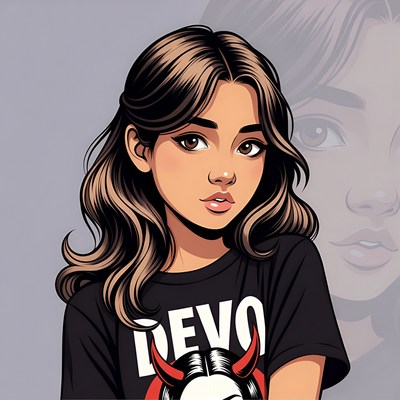 Woman wearing DeVovo devil t-shirt