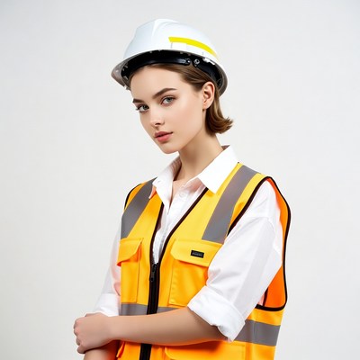 Young woman in hard hat and safety vest