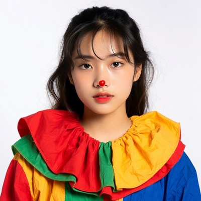 Asian woman in clown costume