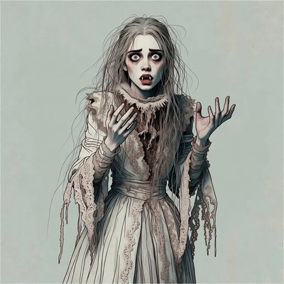 Terrified Ghost Woman with Raised Hands