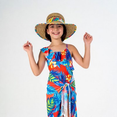 Girl in Hawaiian Swimsuit and Straw Hat