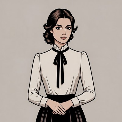 Victorian woman in white blouse black skirt