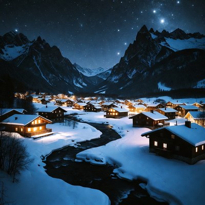 Snowy Alpine Village Under Starry Sky