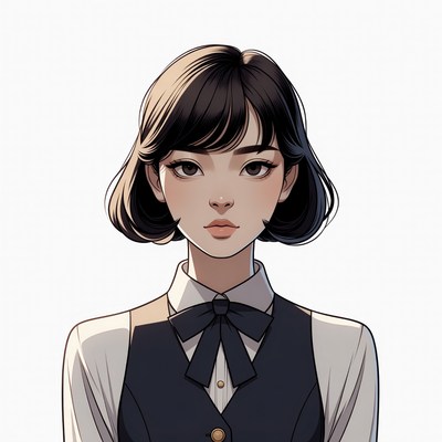 Asian woman in black vest and bowtie