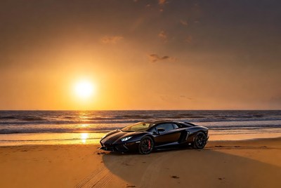 Black Lamborghini Aventador on Beach Sunset