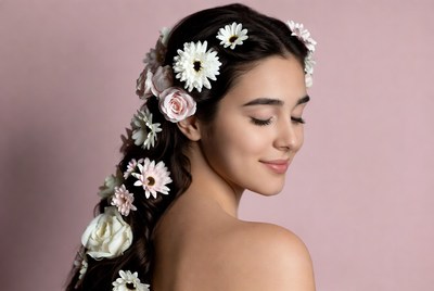 Woman with flowers in braided hair
