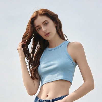 Redhead woman in blue crop top