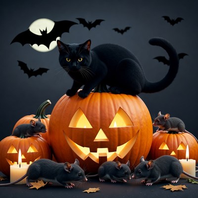 Black Cat on Halloween Pumpkin with Rats