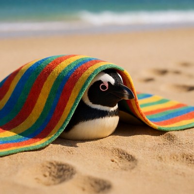 Penguin hiding under beach towel