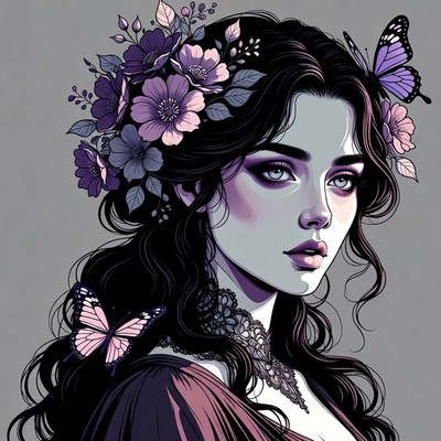 Woman with purple flowers and butterflies