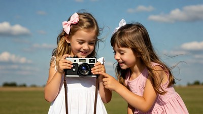 Two girls holding vintage camera outdoors