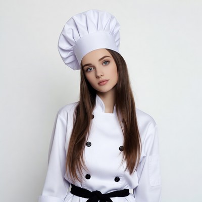 Young woman in white chef uniform