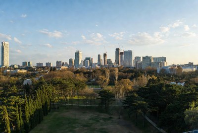 City skyline over autumn park