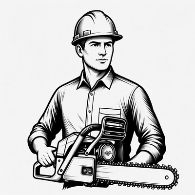 Man holding chainsaw with helmet