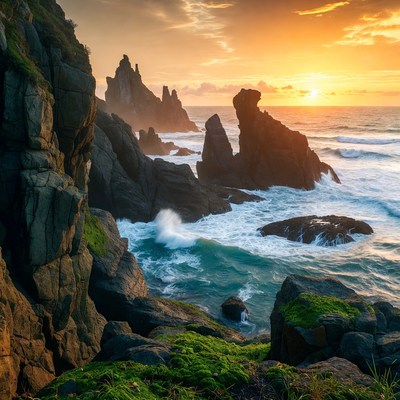 Dramatic Sunset Over Rocky Coastal Cliffs