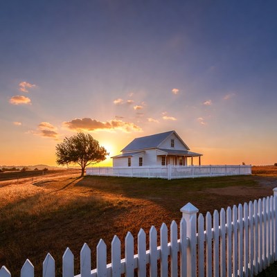 White farmhouse at sunset