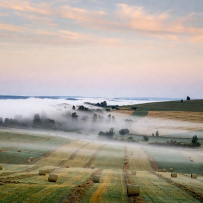 Hay bales in misty rolling fields
