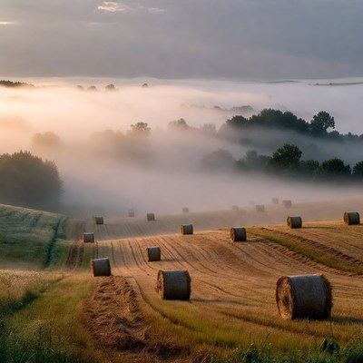 Hay bales in misty field at dawn