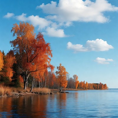 Autumn Trees by Lakeshore
