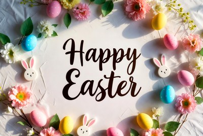 Happy Easter with Eggs and Flowers