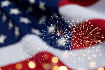 Fireworks over American Flag