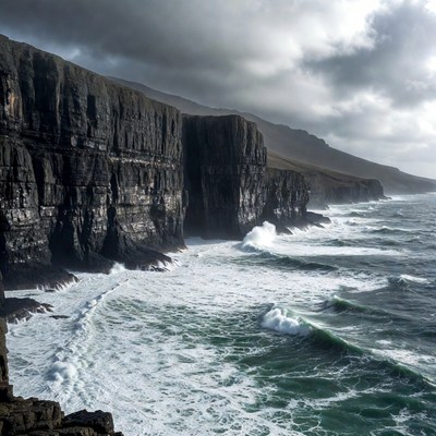 Stormy Sea Crashing Against Dark Cliffs