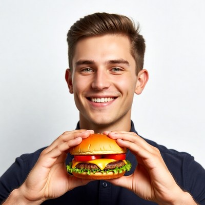 Young man holding burger