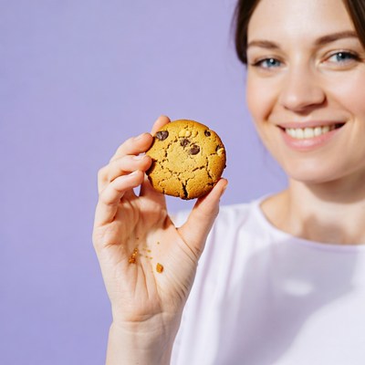 Woman holding chocolate chip cookie