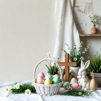 Easter Basket with Eggs Bunny Cross