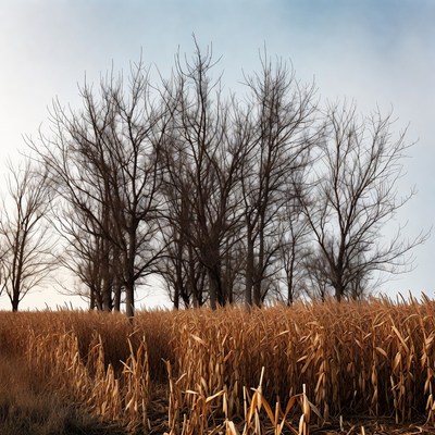Bare Trees Over Golden Corn Field