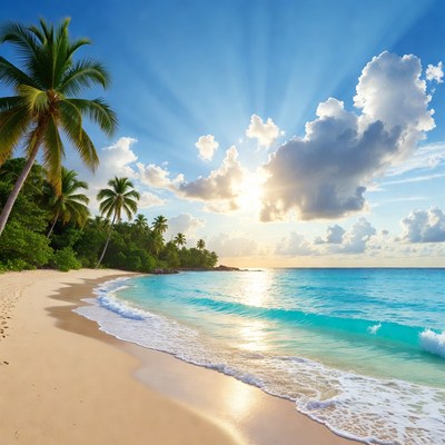 Tropical Beach Sunset with Palm Trees
