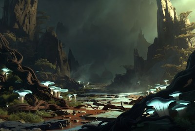 Glowing Mushrooms in Dark Canyon Path