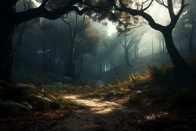 Mysterious Forest Path with Sunbeams
