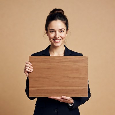 Smiling woman holding blank wooden sign