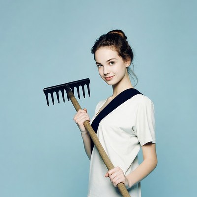 Young woman holding garden rake