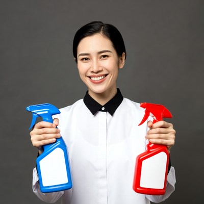 Asian woman holding blue red spray bottles