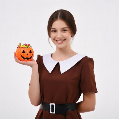 Girl holding jack-o-lantern candy bucket