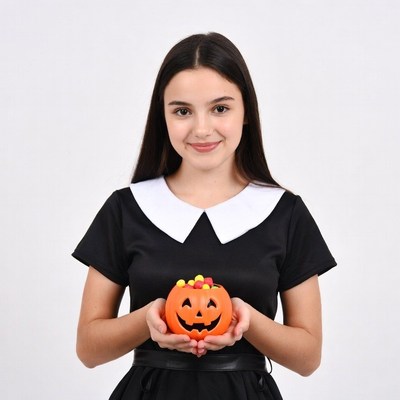 Girl holding jack-o-lantern candy bucket