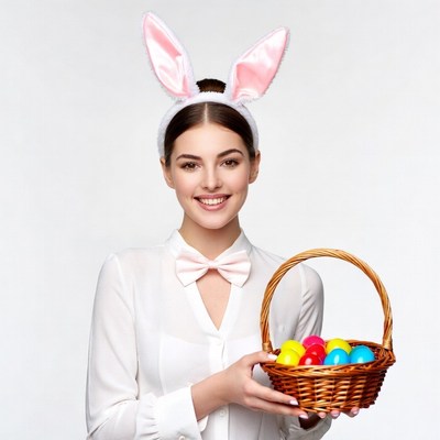 Woman with bunny ears holding Easter basket