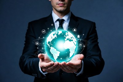 Man holding glowing digital globe