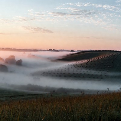 Hay Bales in Misty Rolling Hills