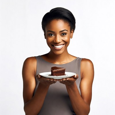 African-American woman holding chocolate cake