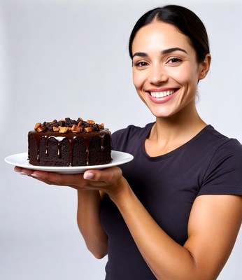 Woman holding chocolate cake