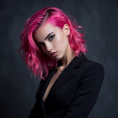 Woman with pink hair in black suit