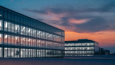 Glass Office Buildings at Sunset