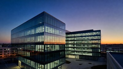Modern Glass Office Buildings at Dusk